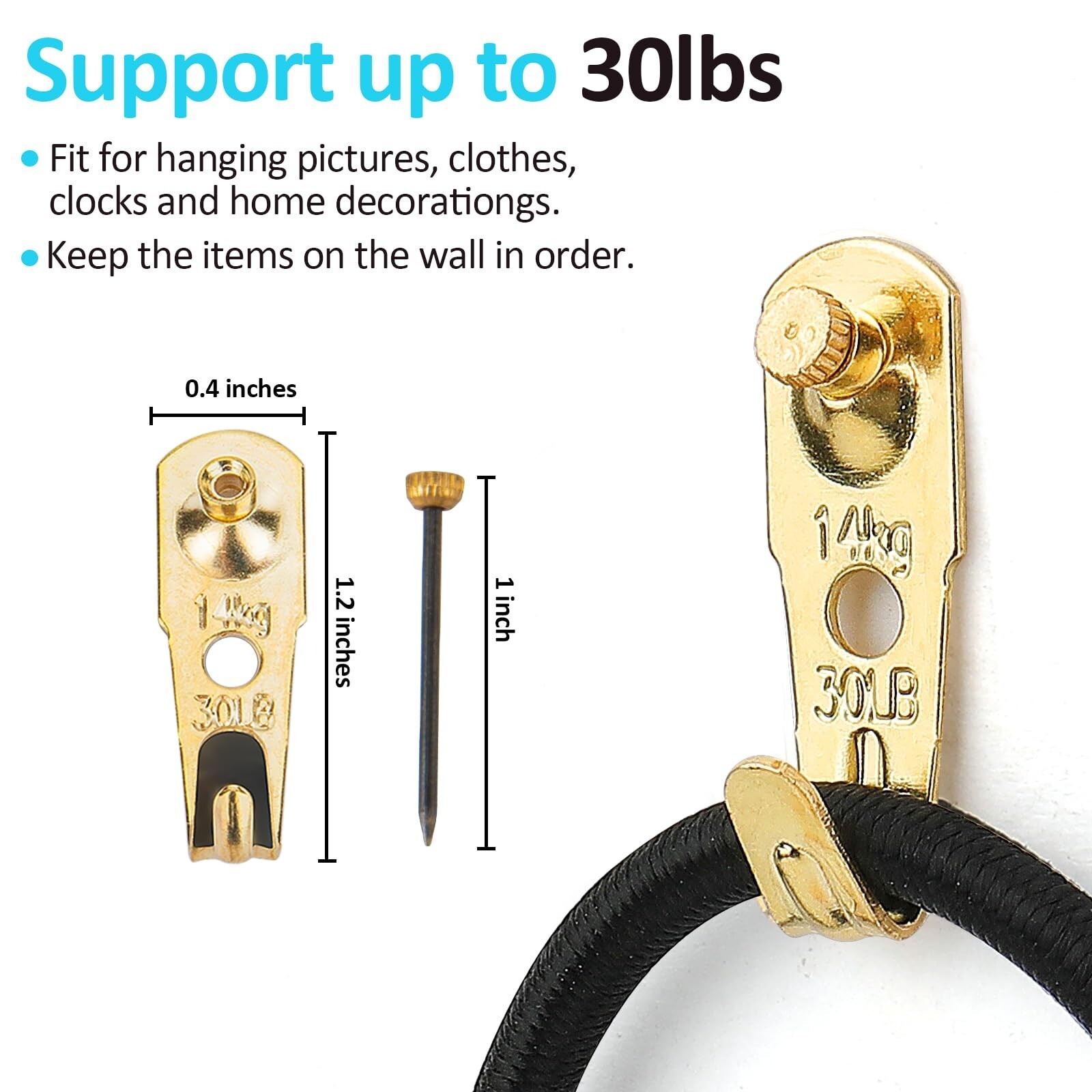 30 lb Picture Hangers (30 Set), Professional Picture Hanging Hooks with Nails...