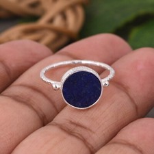 Flat Lapis Lazuli Round Shape Ring 925 Sterling Silver Handmade Jewelry For Gift
