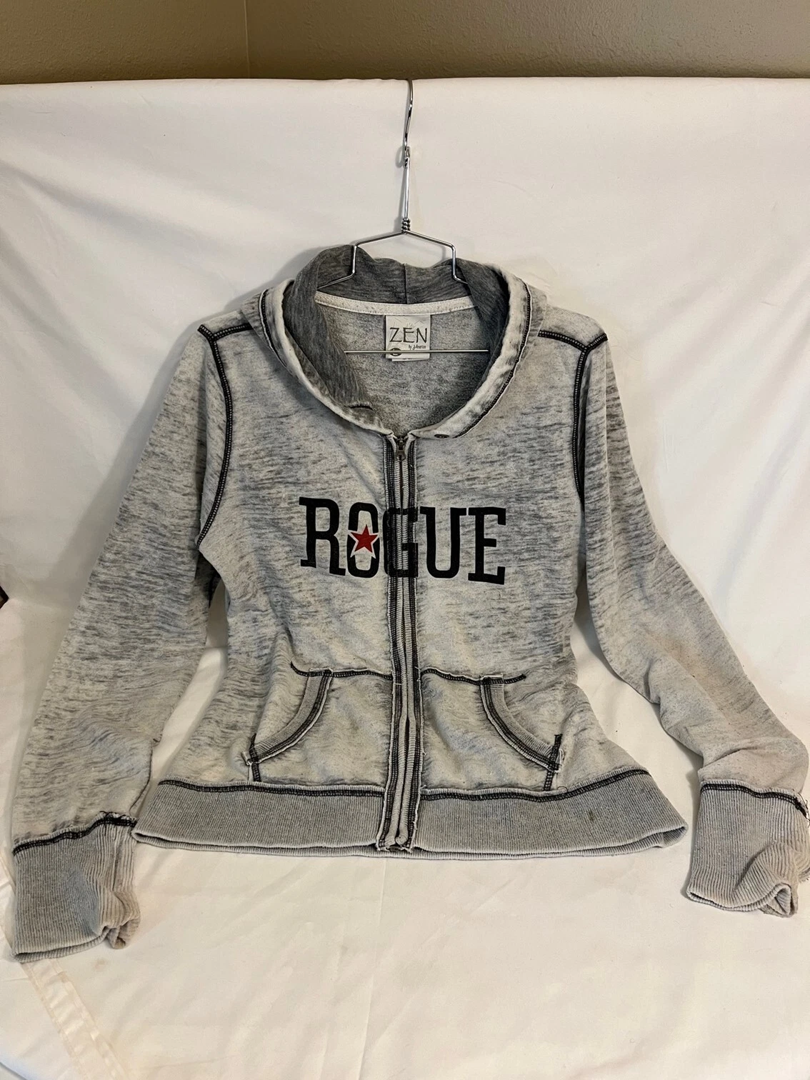 Zen by J. America Hoodie Full Zip Pockets Long Sleeve Distressed Gray Size L