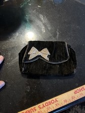 Vintage Garay Black Velvet Fold Over Clutch Purse Accents Beaded Bowtie