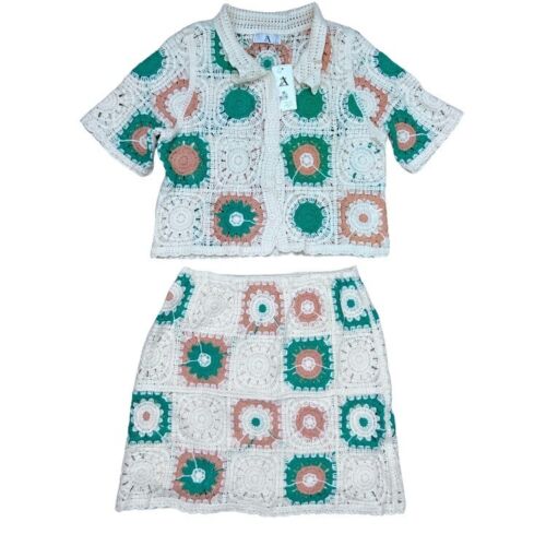 Crochet Set Top and Skirt Granny Square Knit Bohemian Outfit Size Small/Medium