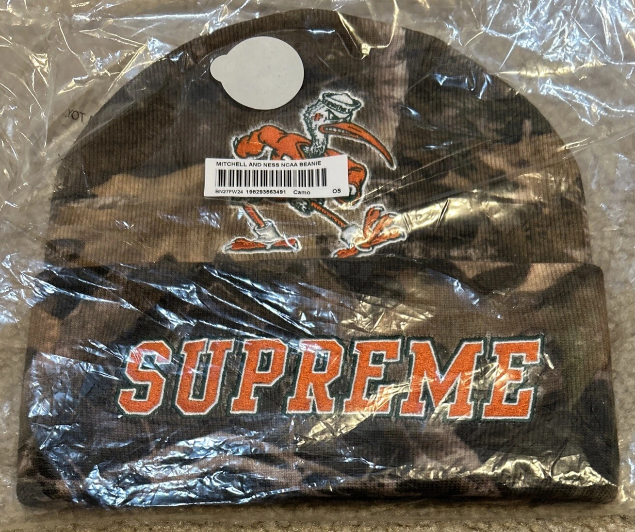 Neuf avec étiquette Supreme x Mitchell & Ness NCAA Beanie Miami Hurricanes Camo OS LIVRAISON GRATUITE