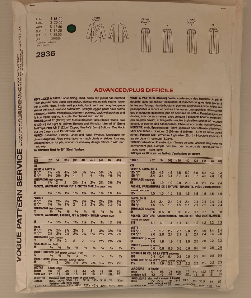 Vogue Men Sewing Pattern 2836, Men's Jacket & Pants, Size 32 - 36 Cut to Size 36 - Image 2 of 4