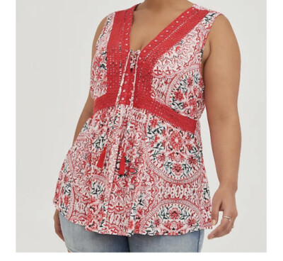 Torrid Women s Size 2 2X 18-20 Lace Up Babydoll Medallion Crinkle Gauze Tank Top