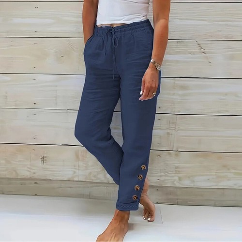 Womens Casual Summer Drawstring Waist Straight Leg Pants Long Pocket Trousers - Picture 18 of 22