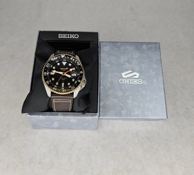 Seiko Sport 5 Automatic GMT 4R34-00A0 Black Gold Wristwatch Leather with Box