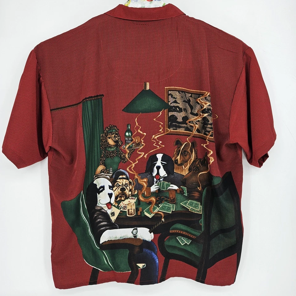 Camisa De Colección Big Dogs Para Hombres 3X Perros Jugando al Poker Retro Fiesta Abotonada Doble Cara Foto 3 de 4