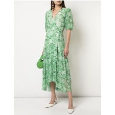GANNI True Wrap Dress Stretch Mesh Green Floral Print Maxi Sheer Puff Sleeves XS