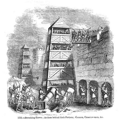 Mittelalterlicher Belagerungskrieg Der Breaching Tower - Antikdruck 1845