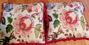 2 VINTAGE FABRIC CUSTOM MADE POLISHED COTTON PILLOWS WITH TRIM 16” SQUARE
