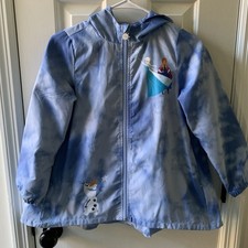 Disney Store Girls Frozen Zip Up Hooded Rain Jacket W/ Elsa Anna Olaf Size 7/8