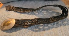 Chico's Moroccan Black Leather Woven Belt Hammered Brass Silver Tone Buckle M