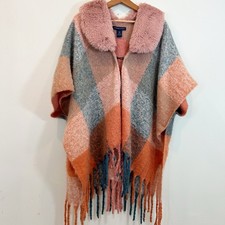Adrienne Vittadini Women's Pink Orange Teal Poncho OS Shawl Wrap Fringe Bohemian