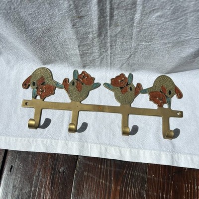 Vintage Messing & Emaille Teddybär Kleiderbügel guter Zustand 12,5'' lang 4 Haken
