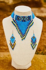 Handmade Blue Beaded Choker Necklace Earrings Set Tribal Boho Statement Jewelry