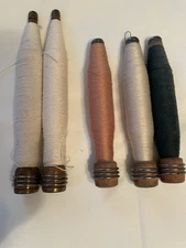 Lot Of 5 Antique Vintage Industrial Bobbins Spools With Thread 7” & 9”