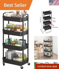 4-Tier Black Plastic Rolling Utility Cart with Easy Assembly Lockable Wheels