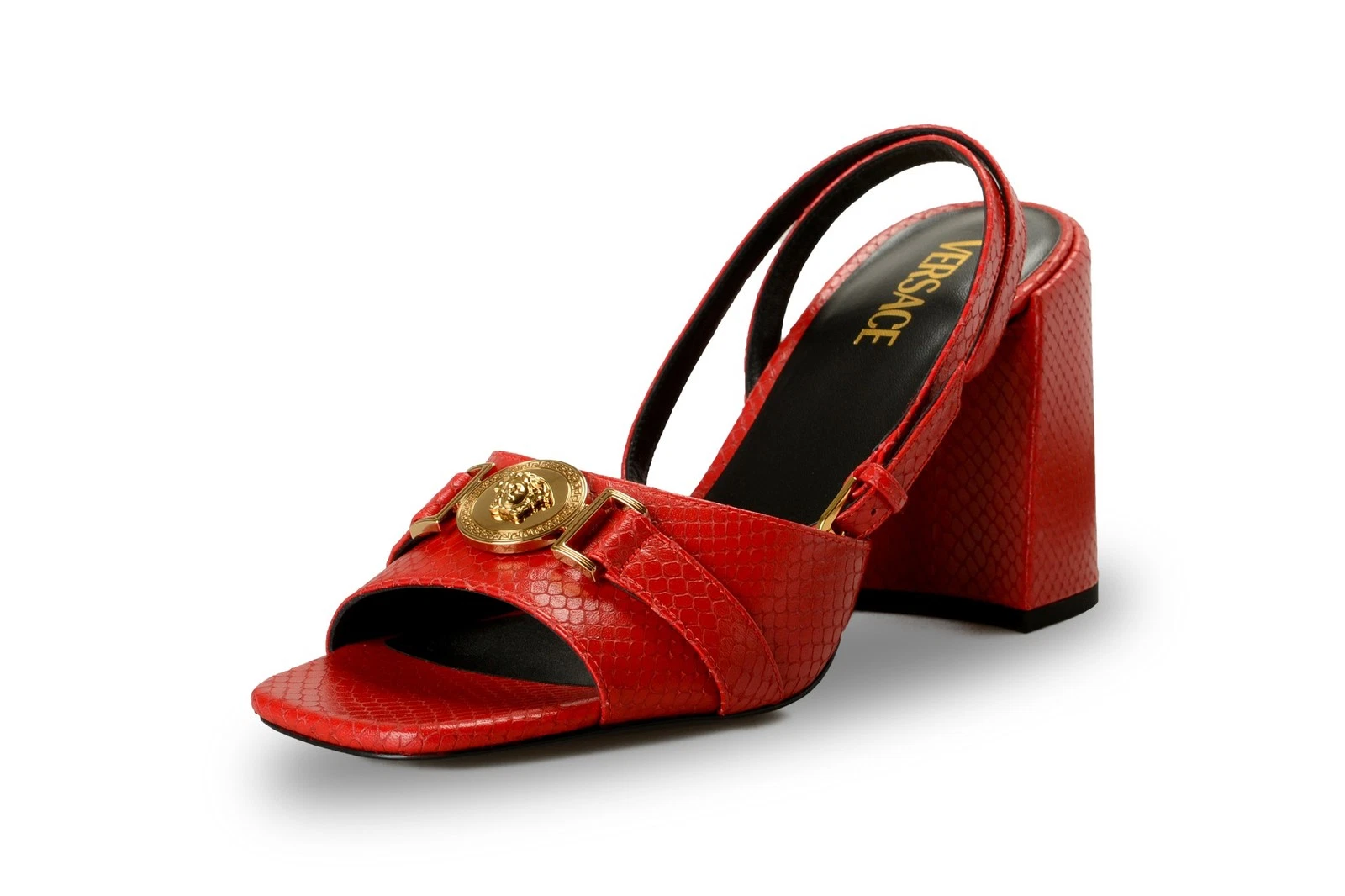 Versace — Versace Women's Snake Print Leather Gold Medusa Heeled Sandals Shoes US 8 IT 38