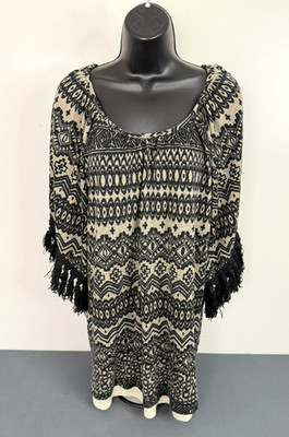 Vava by Joy Han Women's Geo Print Scoop Neck Fringe Boho Mini Dress Black Large