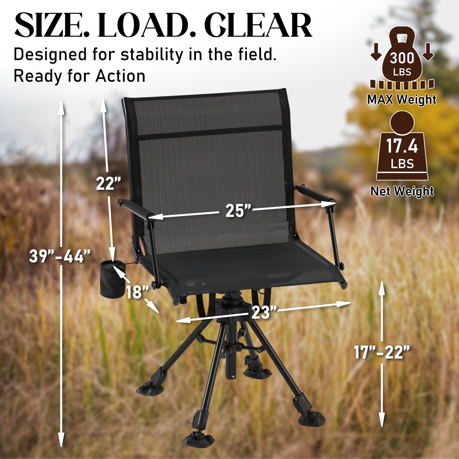 Danrelax 360° Silent Swivel Hunting Chair, Mesh Back, Adjustable Height, Folding