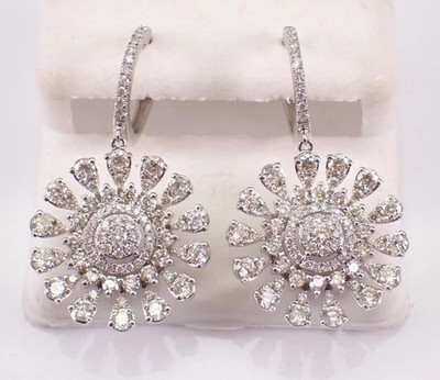 2Ctw Round Cut Moissanite Dangle Snowflake Flower Earrings 14K White Gold Plated