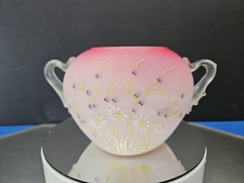 Handled Vase, Vessel Victorian Cranberry pink enameled satin Glass Mt Washington