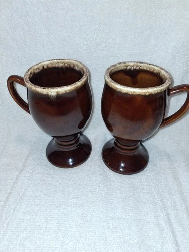 Pair of Vintage Hull Pottery Brown Drip Glaze Irish Coffee Pedestal Mugs