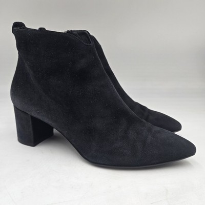 $550 AGL Notch  Logo Ankle Booties Pointy Toe Block Black Suede Zip 36 US 6