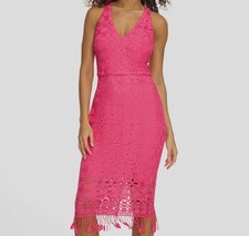 Siena Women's Pink Eyelet Lace Tasseled Hem V-Neck Sleeveless Dress Size 8