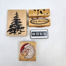 Set Of 5 Mixed Brands Christmas Wood Mounted Rubber Stamps Tree Santa Noel