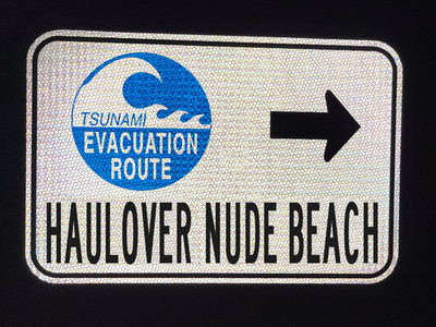 HAULOVER NUDE BEACH Tsunami Evacuation Route road sign, 18''x12'', Florida, A1A