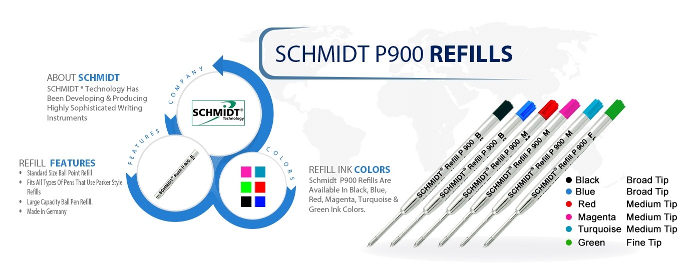 Pack van 4 - Schmidt P900 M Parker Style Balpen Refill Groen/Rood/Zwart/Blauw Medium Tip