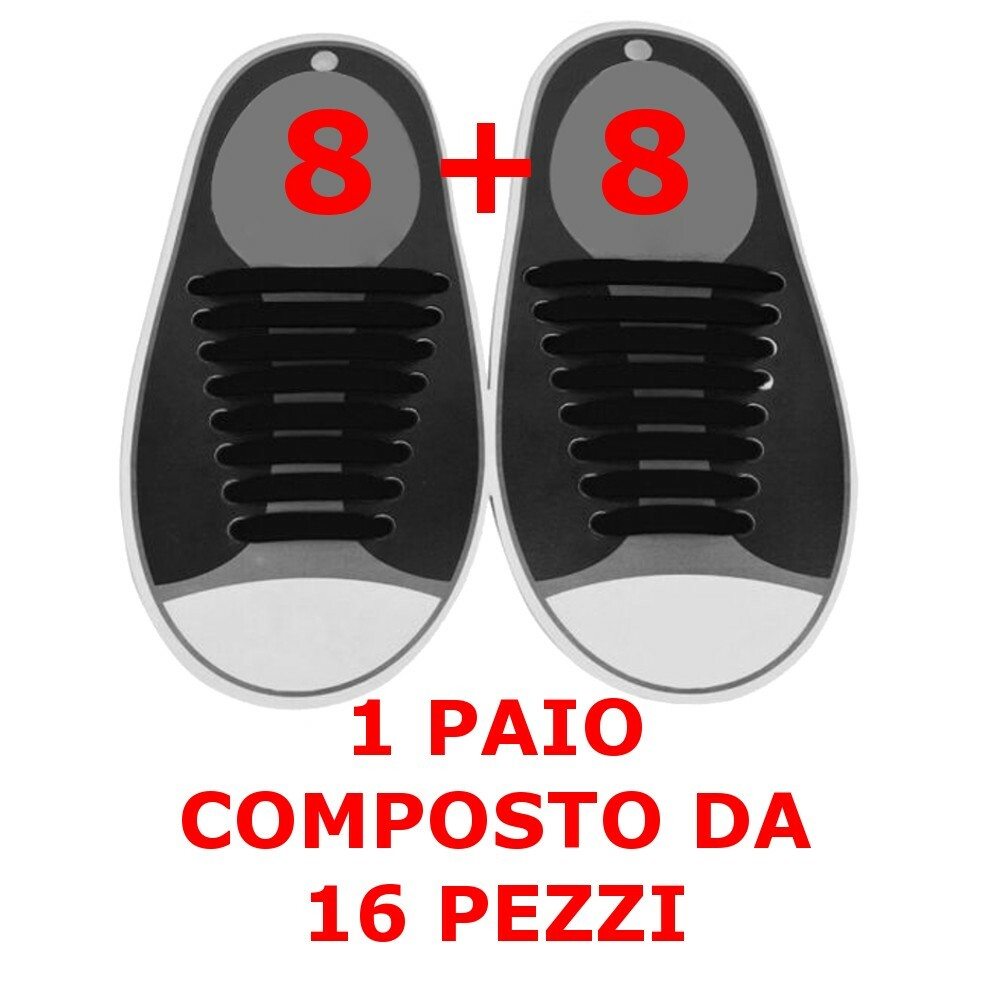 APL 1 Paio da 16 pcs Lacci Scarpe in Silicone Elastici Unisex Lacci Per Scarpe NERO