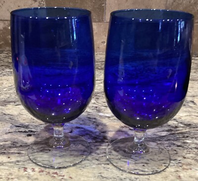 2 LIBBEY MONTIBELLO COBALT BLUE CLEAR STEM WATER GOBLET LOOK UNUSED 6 1/4 T