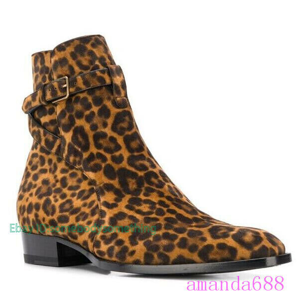 Mens Leopard Printed Buckles Ankle Boots Western Suede Leather
