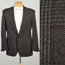 Large 1980s Designer Givenchy Wool Blazer Gray Muted Jewel Tones Plaid Jacket
