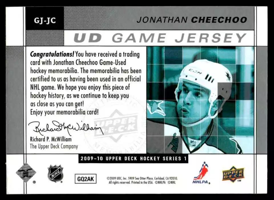2009-10 Upper Deck Game Jersey Jonathan Cheechoo San Jose Sharks #GJ-JC - Image 2 of 2