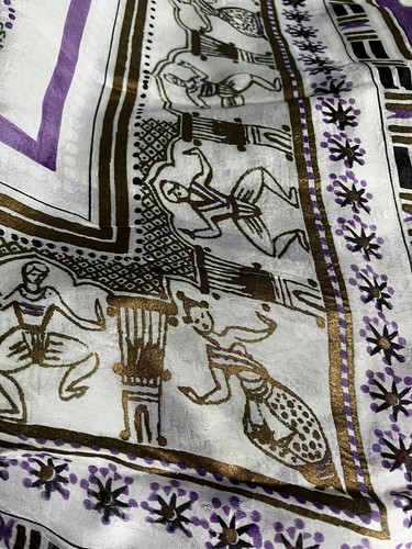 Vintage Purple Cream Gold Black Head Hair Scarf Egyptian Theme Figures Very Ligh - Picture 4 of 8