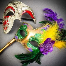 Venetian Phantom Half Face w/ Stick Mardi Gras Green Purple Halloween Party Mask