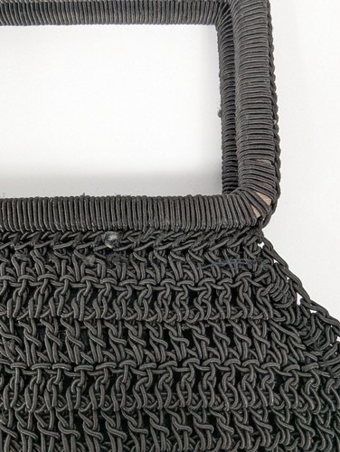 Vintage Black Macrame Crochet Handbag Purse Accented with Woven Satin Ribbon - Picture 3 of 5