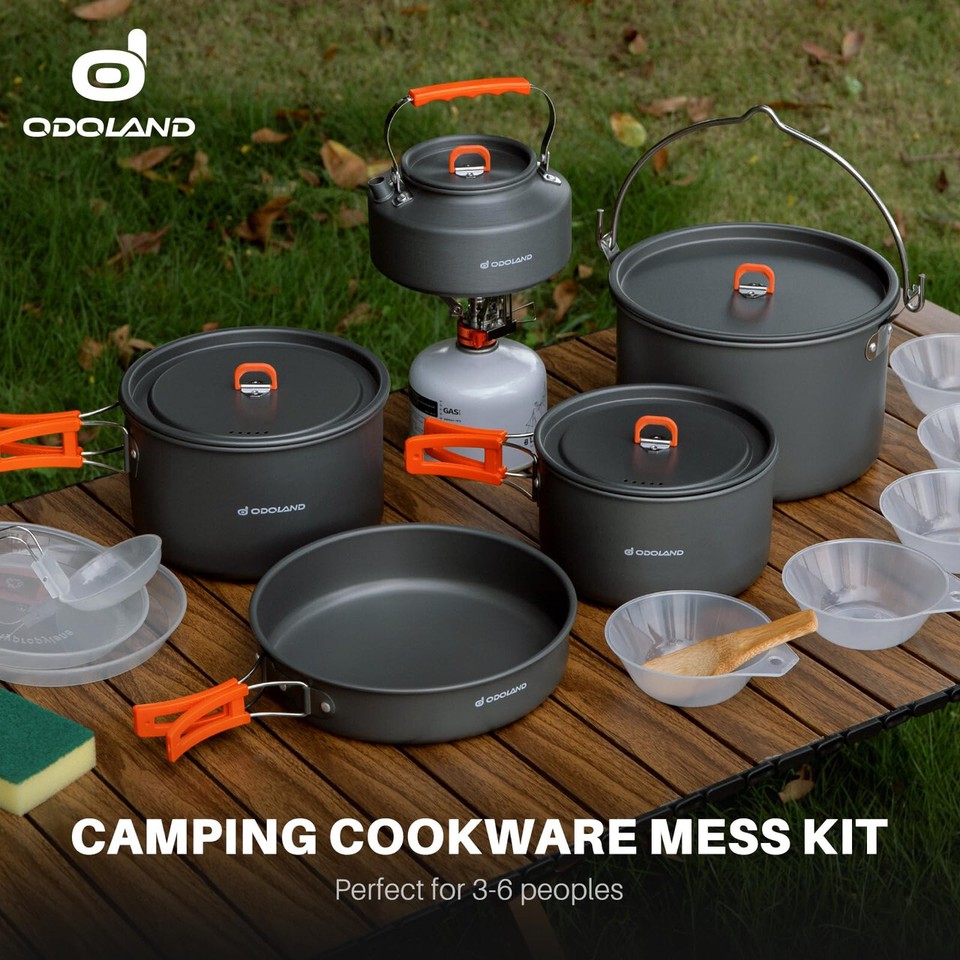 Odoland Set De Cuisine De Camping – Casserole 4L, Poêle 1,5L, Bouilloire 2L – Aluminium Anodisé, Léger, Poignées Pliantes