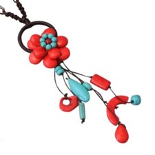 Love of Flower Red Coral Turquoise Dangle Necklace
