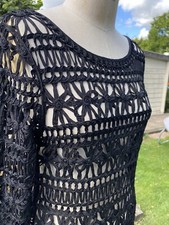 VINTAGE BLACK LACE DRESS SIZE 10 MIDI STRAIGHT CUT 3/4 LENGTH SLEEVES