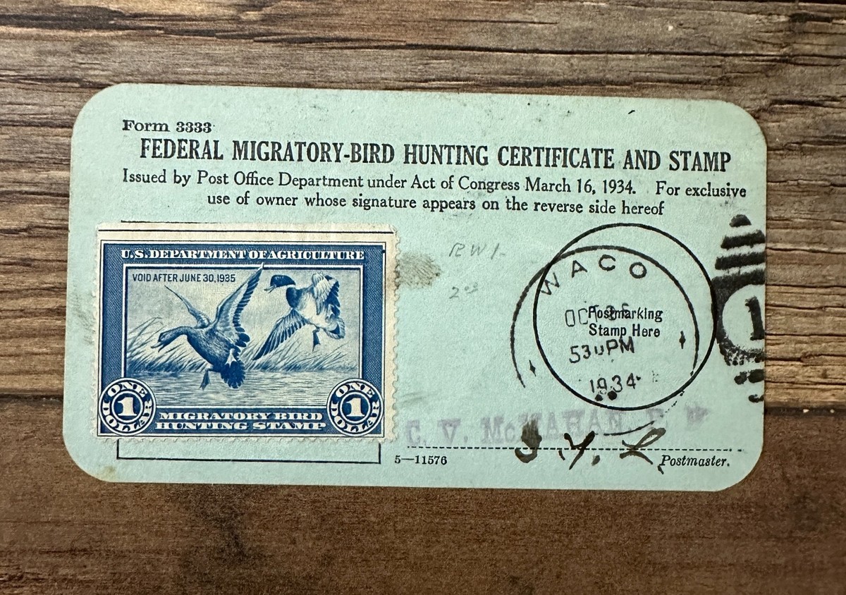 RW1 1934 Federal Duck Stamp **WACO, TEXAS FORM 3333** Hunting