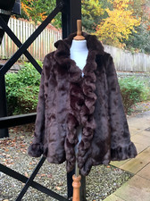 Dennis Basso Brown Soft Faux Fur Coat Jacket Front Ruffle Detail Size L (16-18)