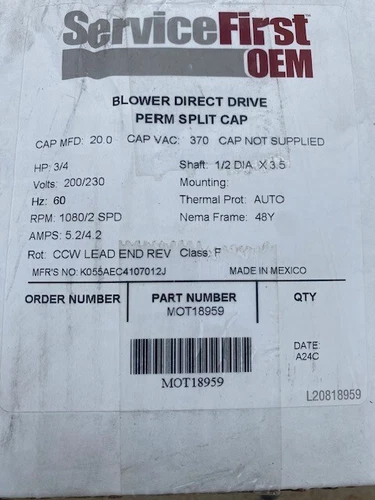 TRANE 200-230V, 1 PH, 3/4 HP, 1080 RPM Motor, MOT18959 (NEW)