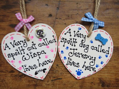 Personalised Pet Spoilt Cat Dog Lives Here Heart Sign Plaque Gift Handmade Home