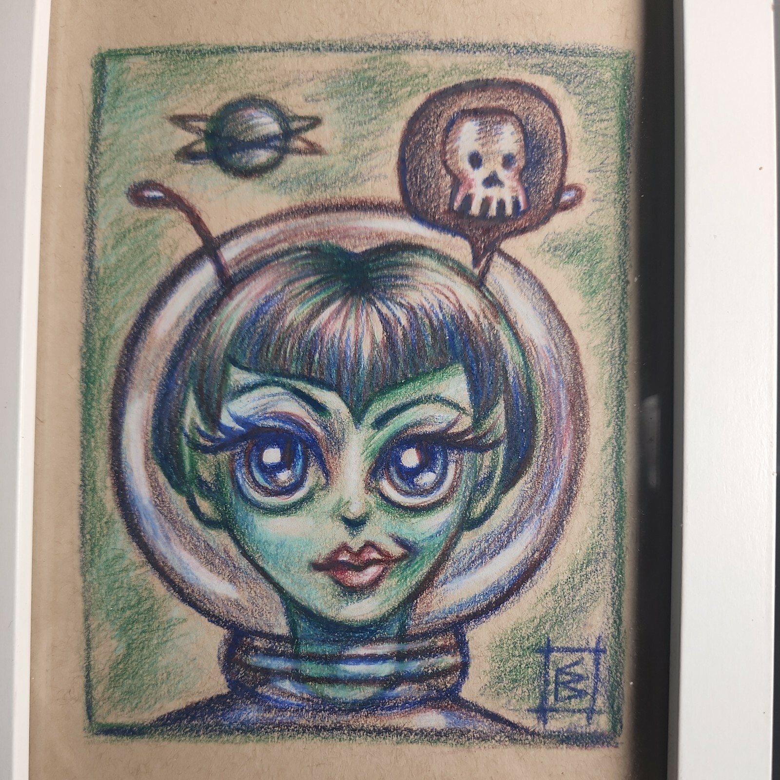 Martian Girl Alien Astronaut Original Colored Pencil Art Signed Framed OOAK