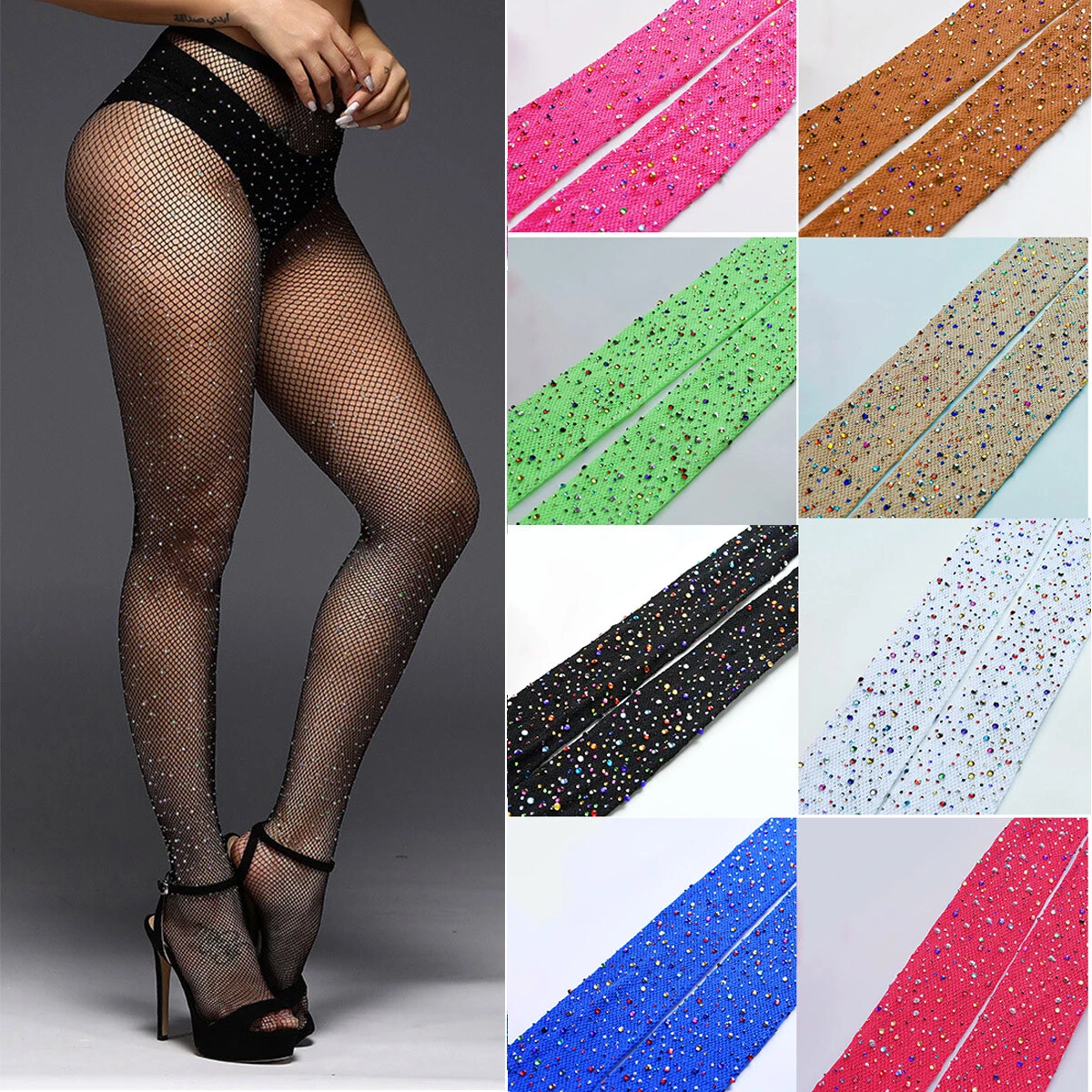 Rhinestone Fishnet Stockings Sparkle Tights for Womens Lady Hollow