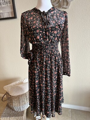 A.U.W. Women's Black/Red Roses A-Line Mesh Long Sleeve Dress - Sz M | eBay
